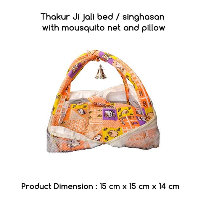 Thakur Ji/Ladoo Gopal/Laddu Gopal/Thakurji/Krishna/bal Gopal Jali Bed singhasan with mousquito net and Pillow (Orange Printed) PSO