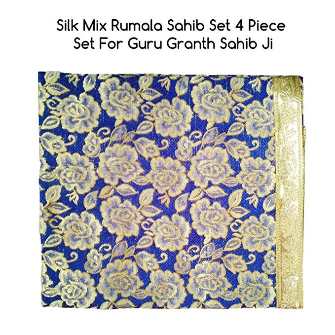 Puja Samagri Online Silk Mix Rumala Sahib Set 4 Piece Set for Guru Granth Sahib Ji - (Rumala : 50" x 44", Palka : 20" x 20") (Blue) PSO