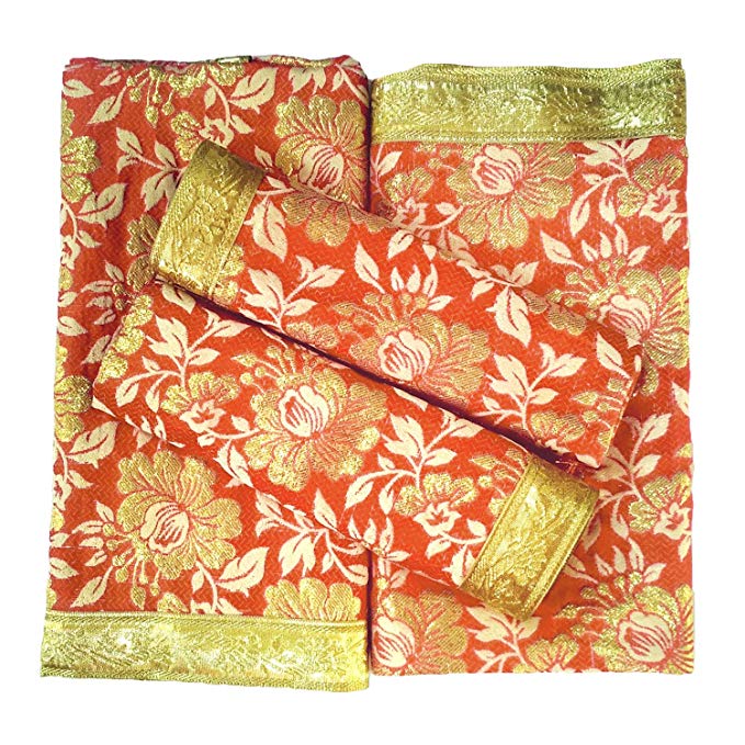 Puja Samagri Online Silk Mix Rumala Sahib Set 4 Piece Set for Guru Granth Sahib Ji - (Rumala : 50" x 44", Palka : 20" x 20") (Orange) by Puja Samagri Online
