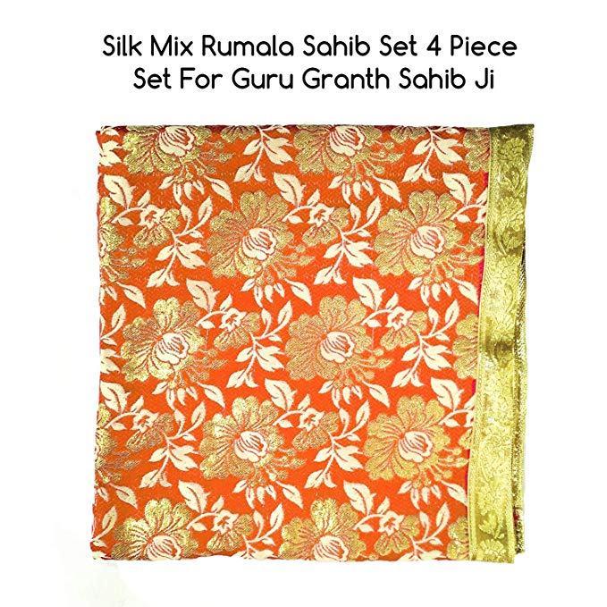 Puja Samagri Online Silk Mix Rumala Sahib Set 4 Piece Set for Guru Granth Sahib Ji - (Rumala : 50" x 44", Palka : 20" x 20") (Orange) by Puja Samagri Online